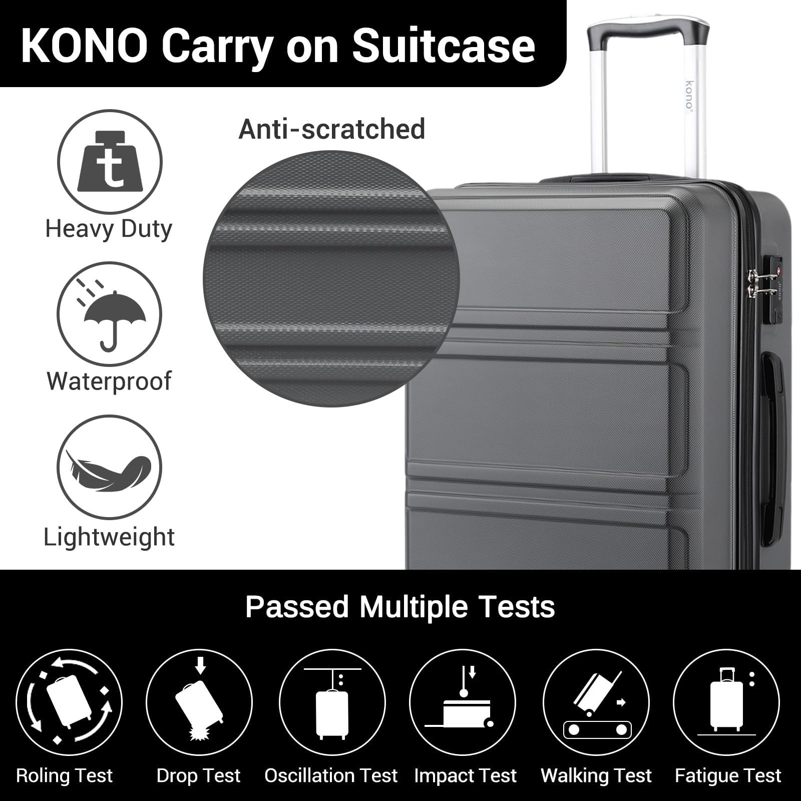 Kono Fashion Hand Luggage Lightweight ABS Hard Shell Trolley Travel Suitcase