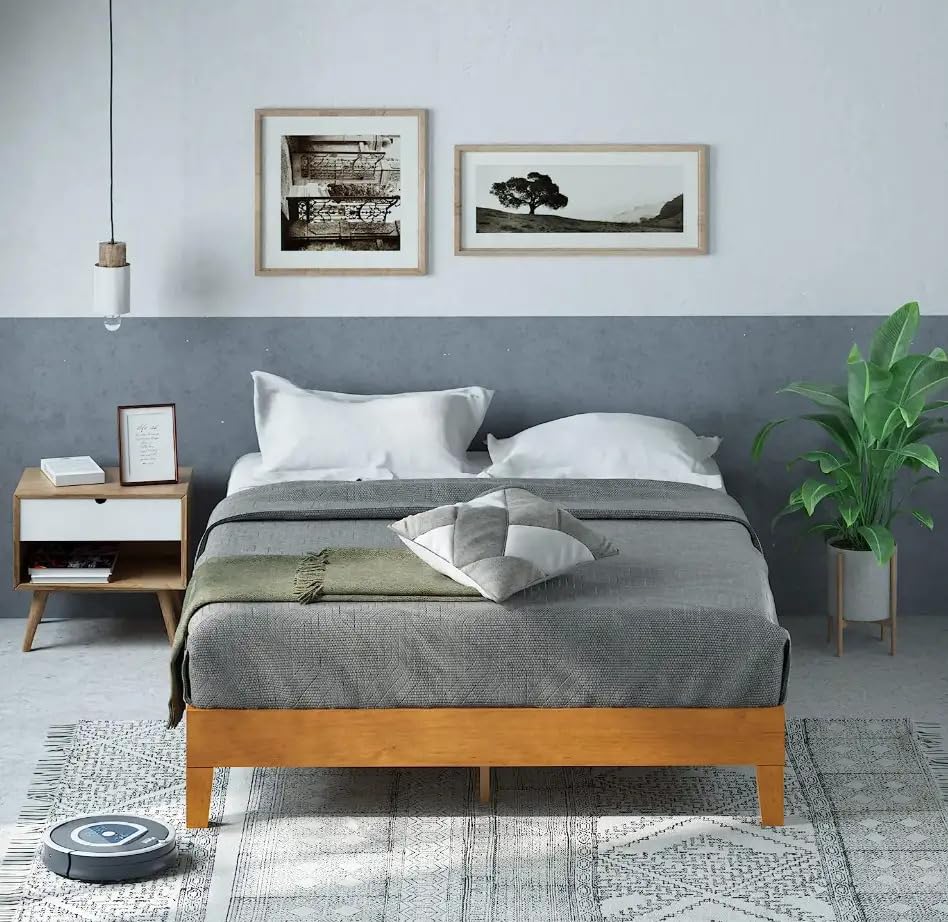 Zinus Olivia Single Bed frame - Bed 90x190 cm - 36 cm Height - Metal and Wood Platform Bed frame - Natural Brown and Black