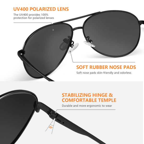 Pilot Men's Polarized Sunglasses - Unisex UV400 Protection Black Sunglasses for Driving, Fishing, Running - Classic Ultra Light Shades