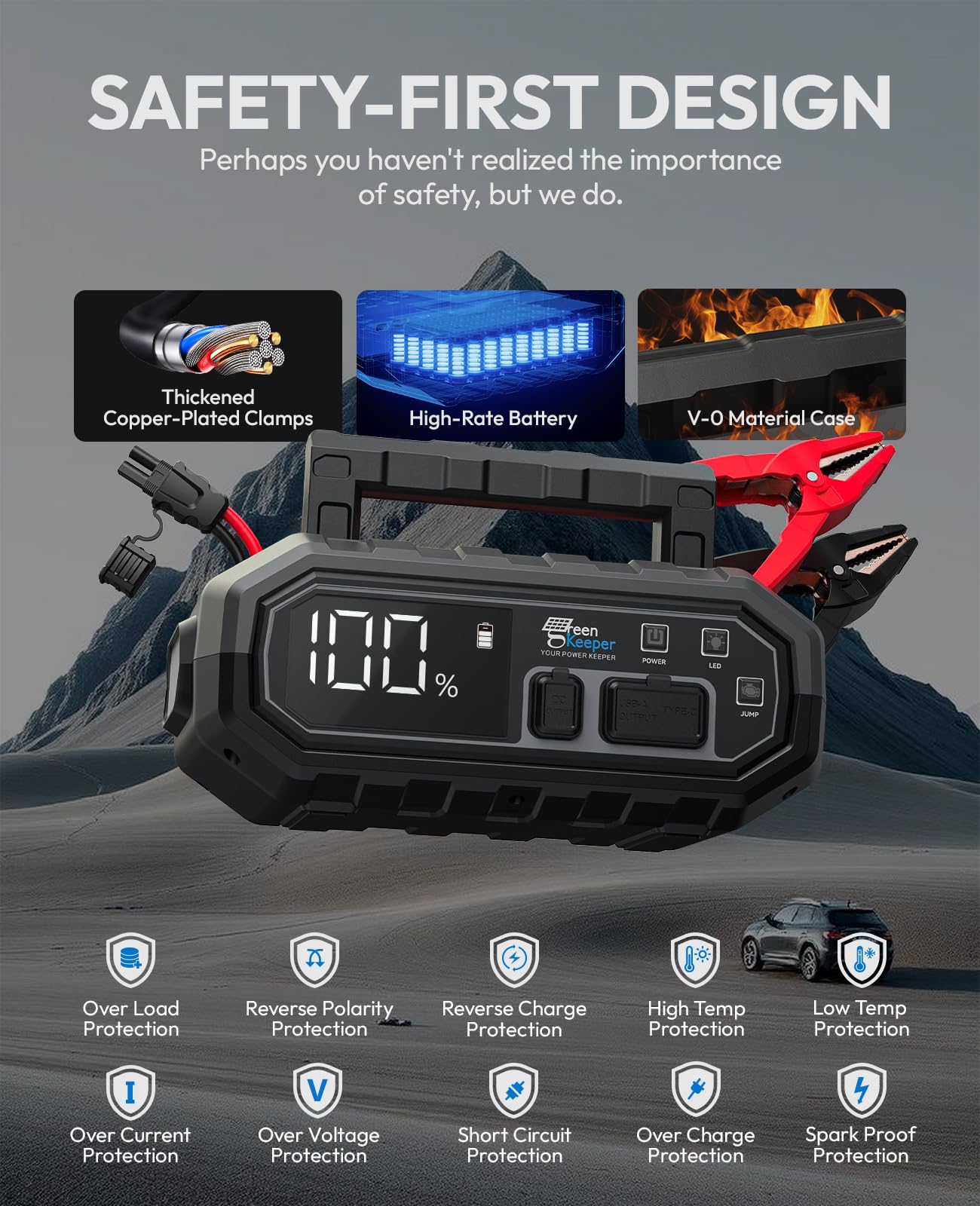 Jump Starter Power Pack Car Battery Starter 2000A 12V for 7.0L Gas & 6.5L Diesel with 12V/6A Output Extension Port, Portable Car Battery Booster 16000mAh Power Bank, High-Efficiency for All Weather