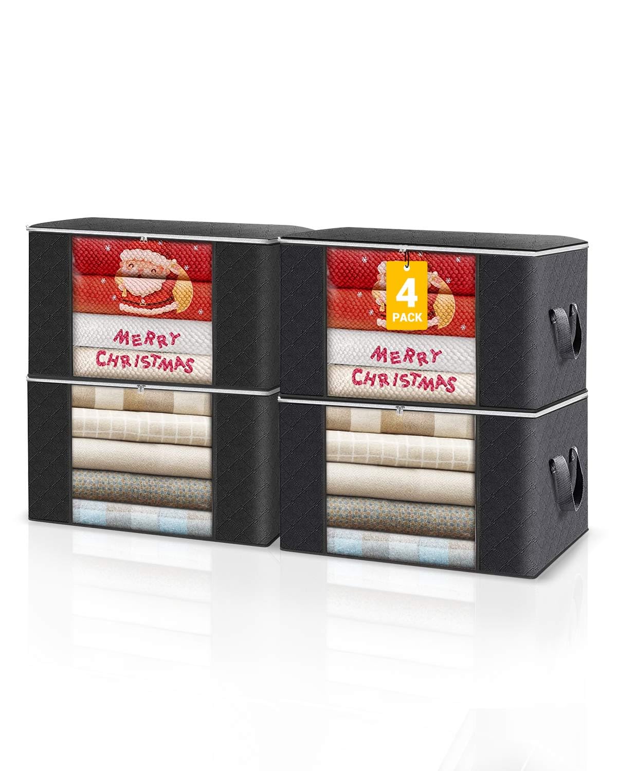 KALAHOL 90L Large Capacity Clothes Storage Bags with Zips, Storage Boxes with Lids, Reinforced Handle, Foldable, Thick Fabric, for Comforters, Clothes, Blankets, Bedding, 4 Pack, Dark Grey