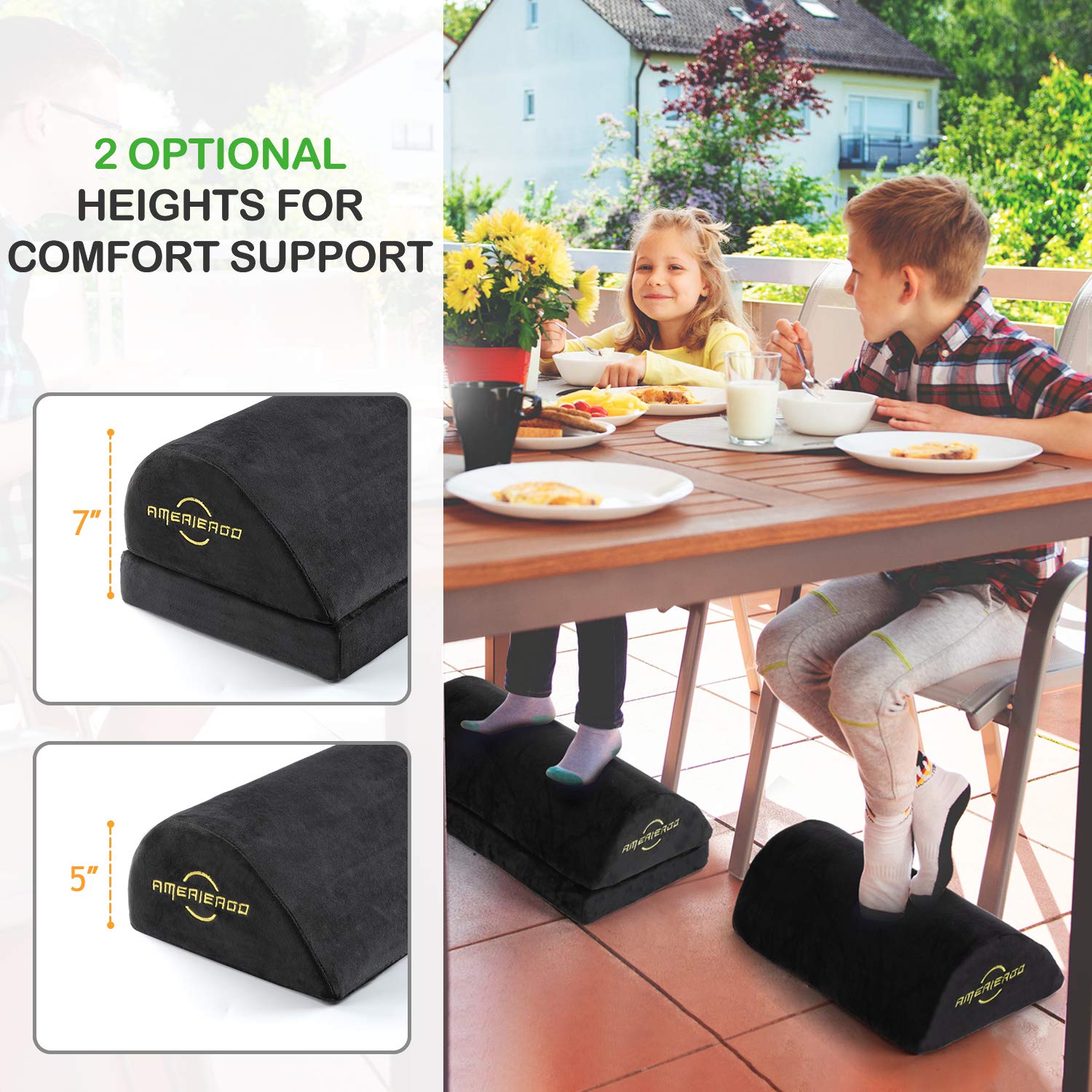 AMERIERGO Wedged-Shape Adjustable Foot Rest,Foot Stool Under Desk, Cushion with 2 Optional Height for Home & Office