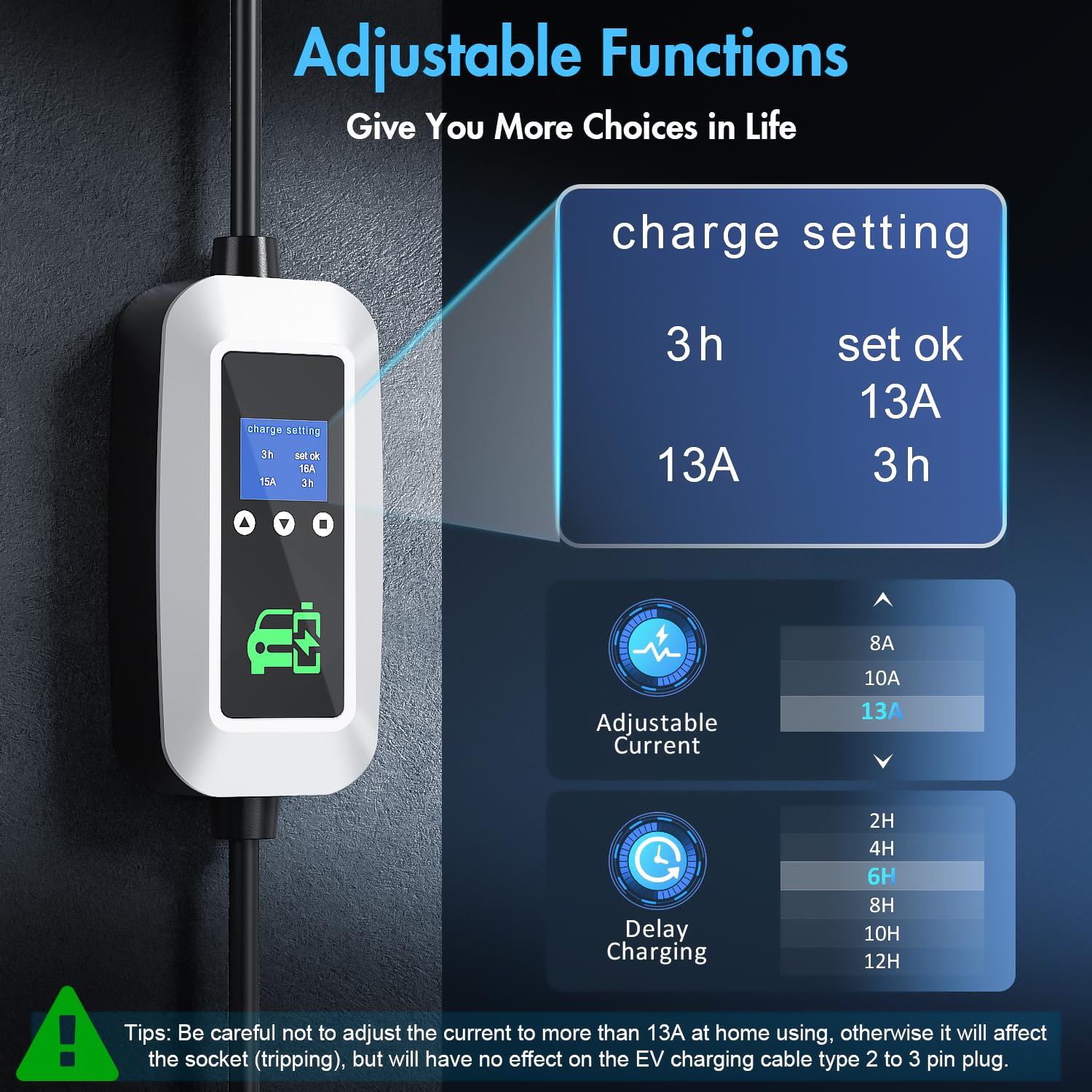 EV Charger Cable Type 2 to 3 Pin Plug 3KW, 6M, 6/8/10/13A, Adjustable Current EV Charger,With LED Screen Timing Delay IP66/IP65, With Carry Bag and Type 2 EV Cable Holder for EVs and PHEVs