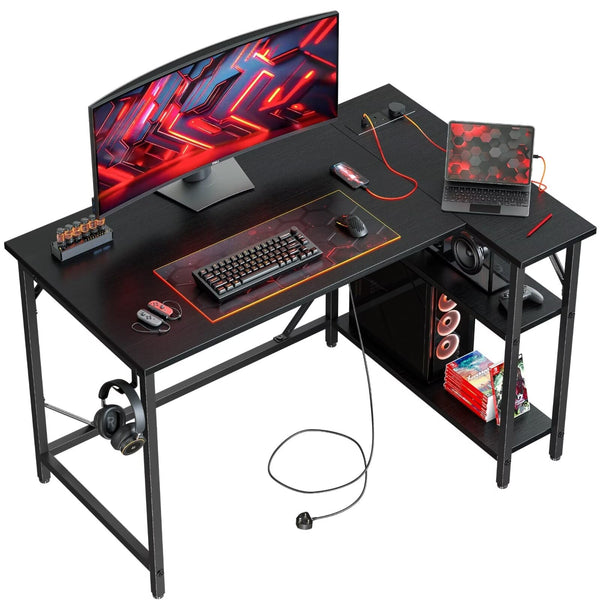DOMSHOCT L Shaped Gaming Desk with Power Outlets, 100x70cm Corner Computer Desk with Large Reversible Shelves, Home Office Desk with Hooks for Writing