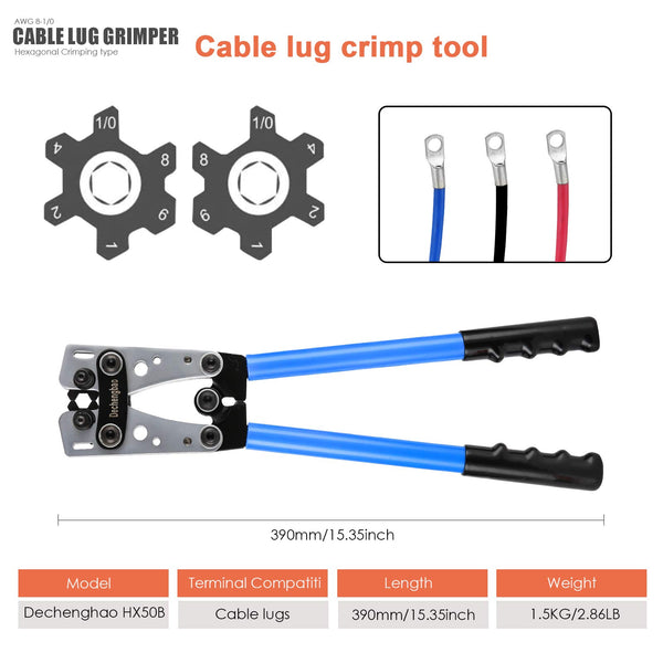 HX-50B Battery Cable Lug Crimping Tools Hand Electrician Pliers for Crimping Wire Cable from 6-50mm²(AWG 8-1/0) with Thickened and Reinforced The Metal Plate (HX50B Crmper +60PCSTerminals)
