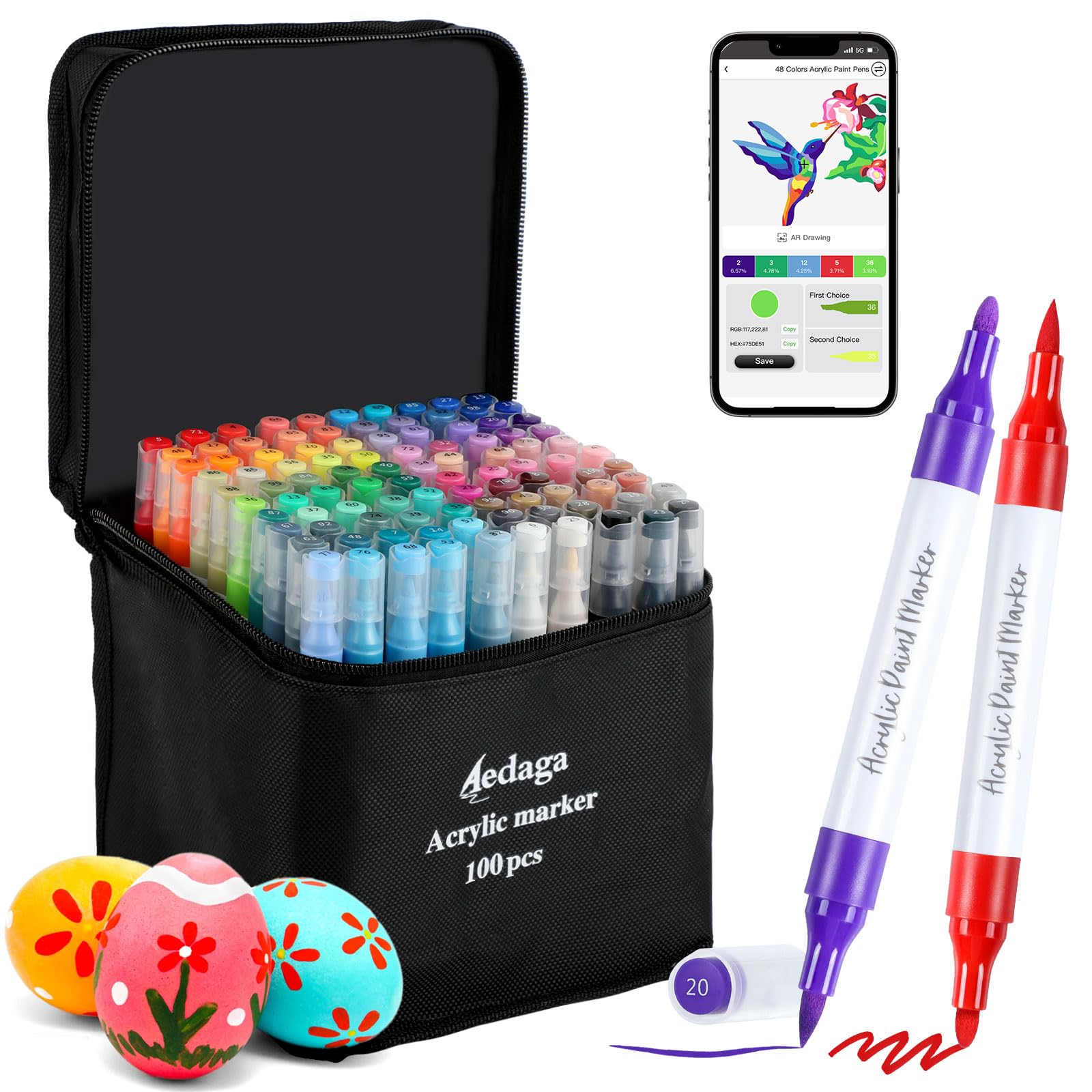 100 Colours Numbered Acrylic Paint Pens with Free App, Dual Tip Acrylic Paint Markers with Brush Tip and Fine Tip for Adults, Kids, Eggs, Wood, Rock,