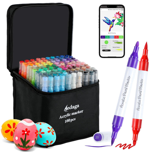 100 Colours Numbered Acrylic Paint Pens with Free App, Dual Tip Acrylic Paint Markers with Brush Tip and Fine Tip for Adults, Kids, Eggs, Wood, Rock,
