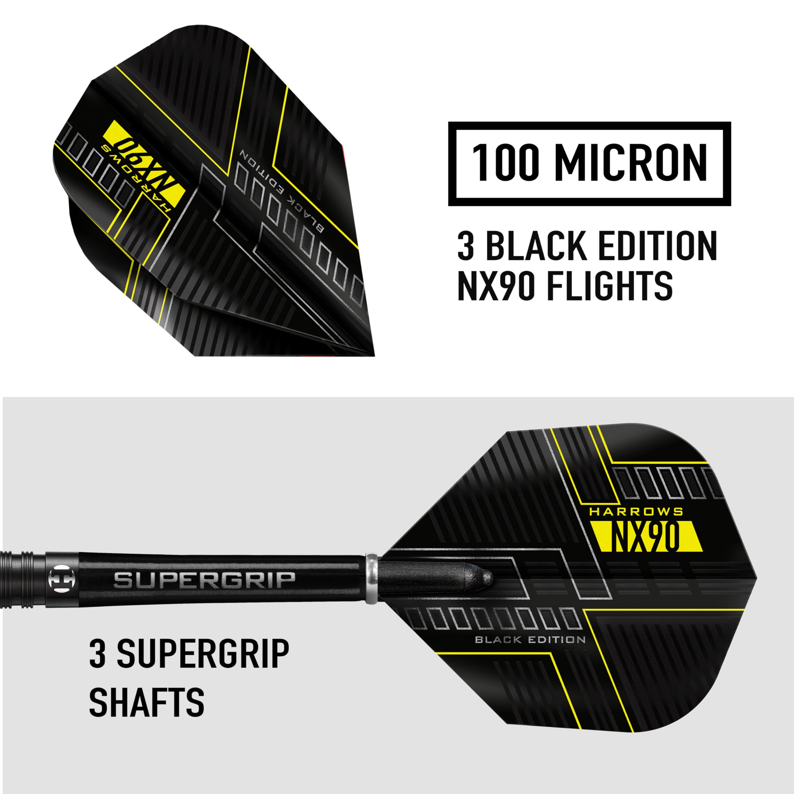 Harrows NX90 BLACK EDITION 90% Tungsten Steel Tip Darts Set 21g, 22g, 23g, 24g, 25g & 26g - Includes Black Supergrip Midi Shafts & Micron NX90 Flights