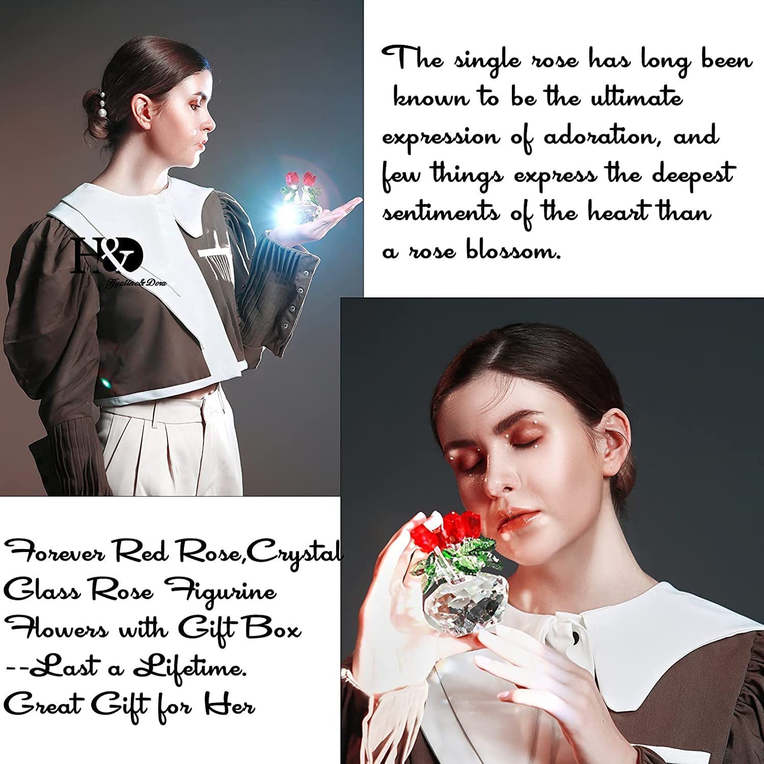 H&D HYALINE & DORA 4.5inch Spring Bouquet Crystal Glass Flowers Red Rose Figurine Ornament Gift-boxed