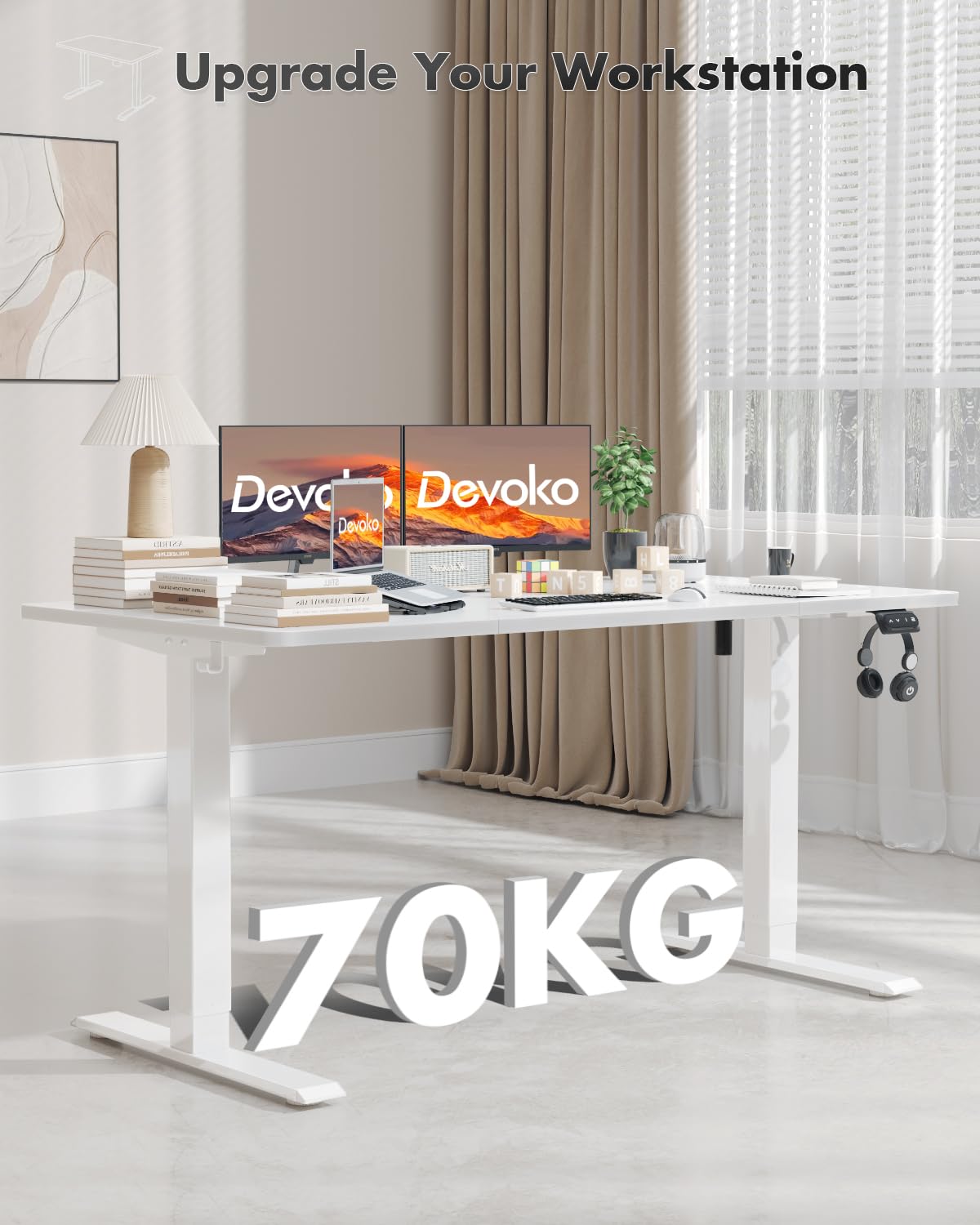 Devoko Electric Standing Desk 120x60cm Sit Stand Table Height Adjustable with Backpack Hook and Memory Smart Pannel, Home Office, White