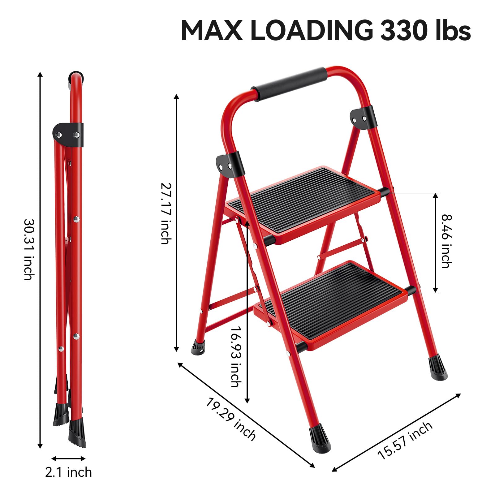 KINGRACK 2 Step Ladder with Handrail, Non-Slip Household Ladder with Folding Safety, Aluminium Folding Step Stool, Maximum Load 150 kg, Black