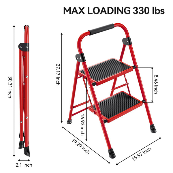 KINGRACK 2 Step Ladder with Handrail, Non-Slip Household Ladder with Folding Safety, Aluminium Folding Step Stool, Maximum Load 150 kg, Black