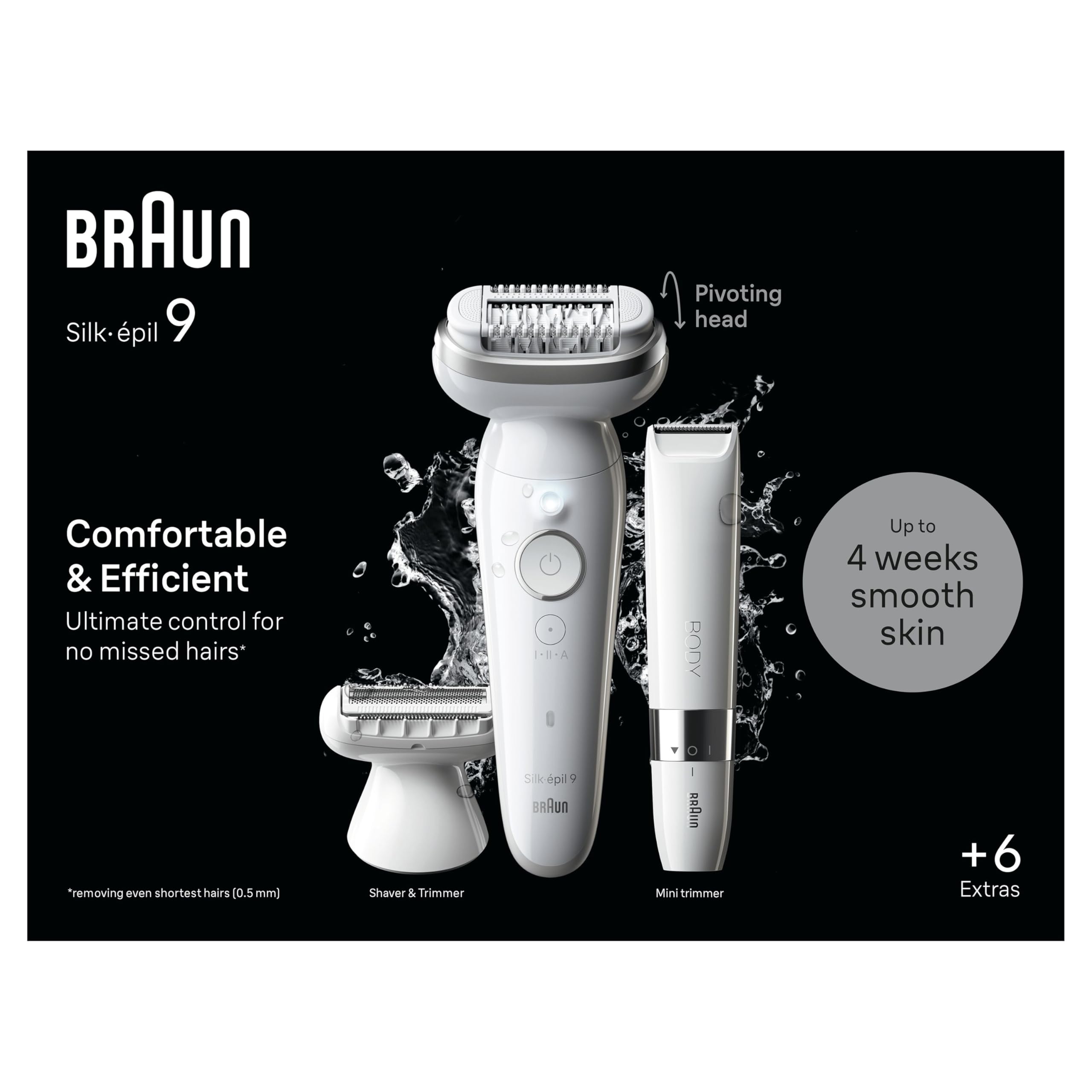 Braun Silk-épil 9, Epilator with Pivoting Head for Easy Hair Removal, Wet & Dry, Lasting Smooth Skin, with Lady Shaver Head & Trimmer Comb, 9-441, White/Silver with EU Plug