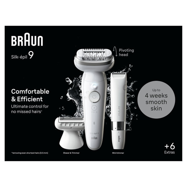 Braun Silk-épil 9, Epilator with Pivoting Head for Easy Hair Removal, Wet & Dry, Lasting Smooth Skin, with Lady Shaver Head & Trimmer Comb, 9-441, White/Silver with EU Plug