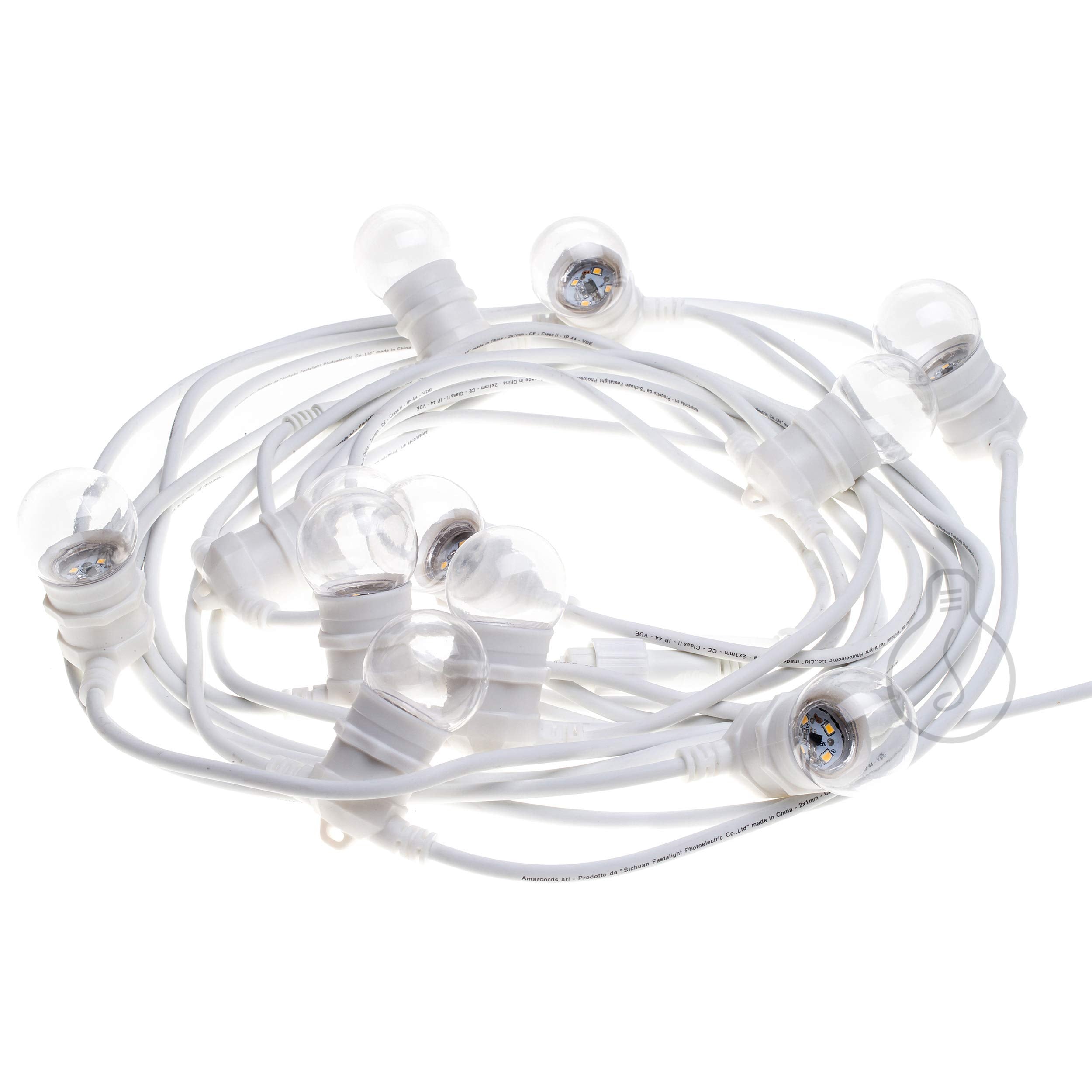 AMARCORDS - Luminous Belt White for Outdoor use with 11 E27 Lampholders, Round Cable, schuko Plug, Length 12.5 m. Joined up to 100 Meters!