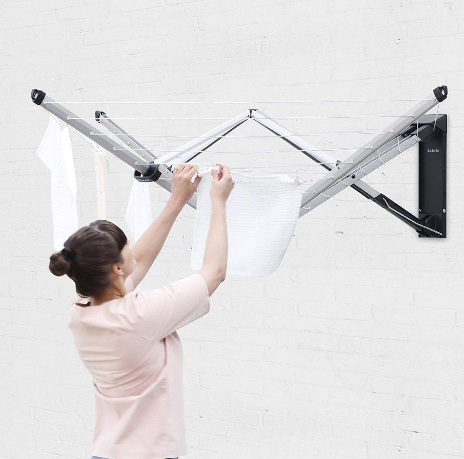 Brabantia WallFix Retractable Washing Line with Protective Fabric Cover (24m) Wall-Mounted Foldaway Clothes Air Dryer (Silver)