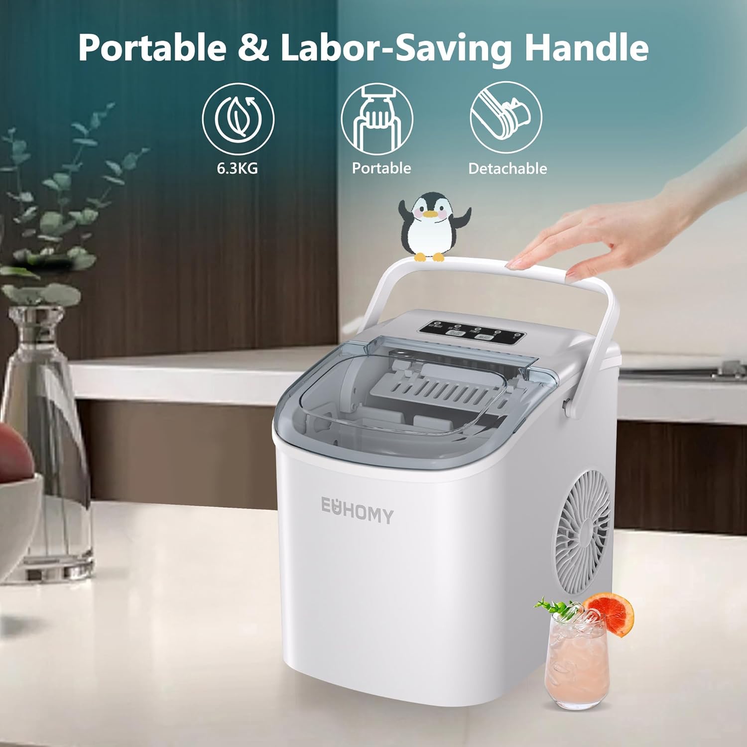 Ice Maker Machine Countertop Ice Cube Maker with Portable Handle, 9 Ice Cubes in 6 Mins, Self-Cleaning Compact Ice Maker 12 kg in 24 Hrs, with Ice Scoop and Basket for Home/Kitchen/Office/Bar