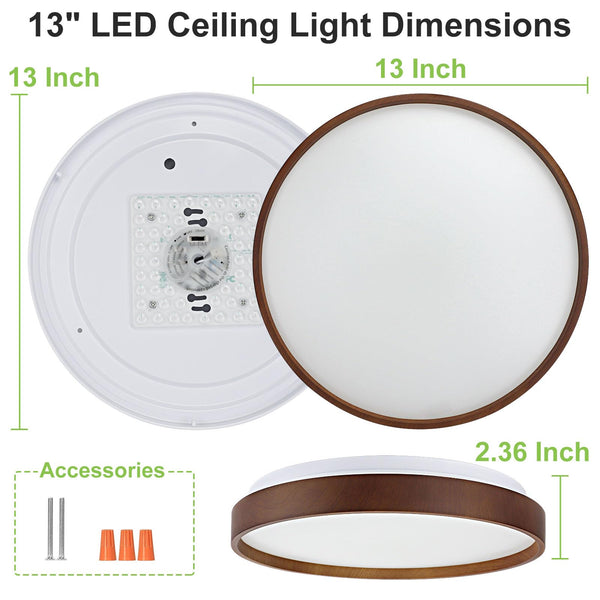 DINGLILIGHTING 13 Inch Wood Grain LED Ceiling Light Fixture, 24W Modern Flush Mount Ceiling Lights, Low Profile Circle Ceiling Lamp for Hallway