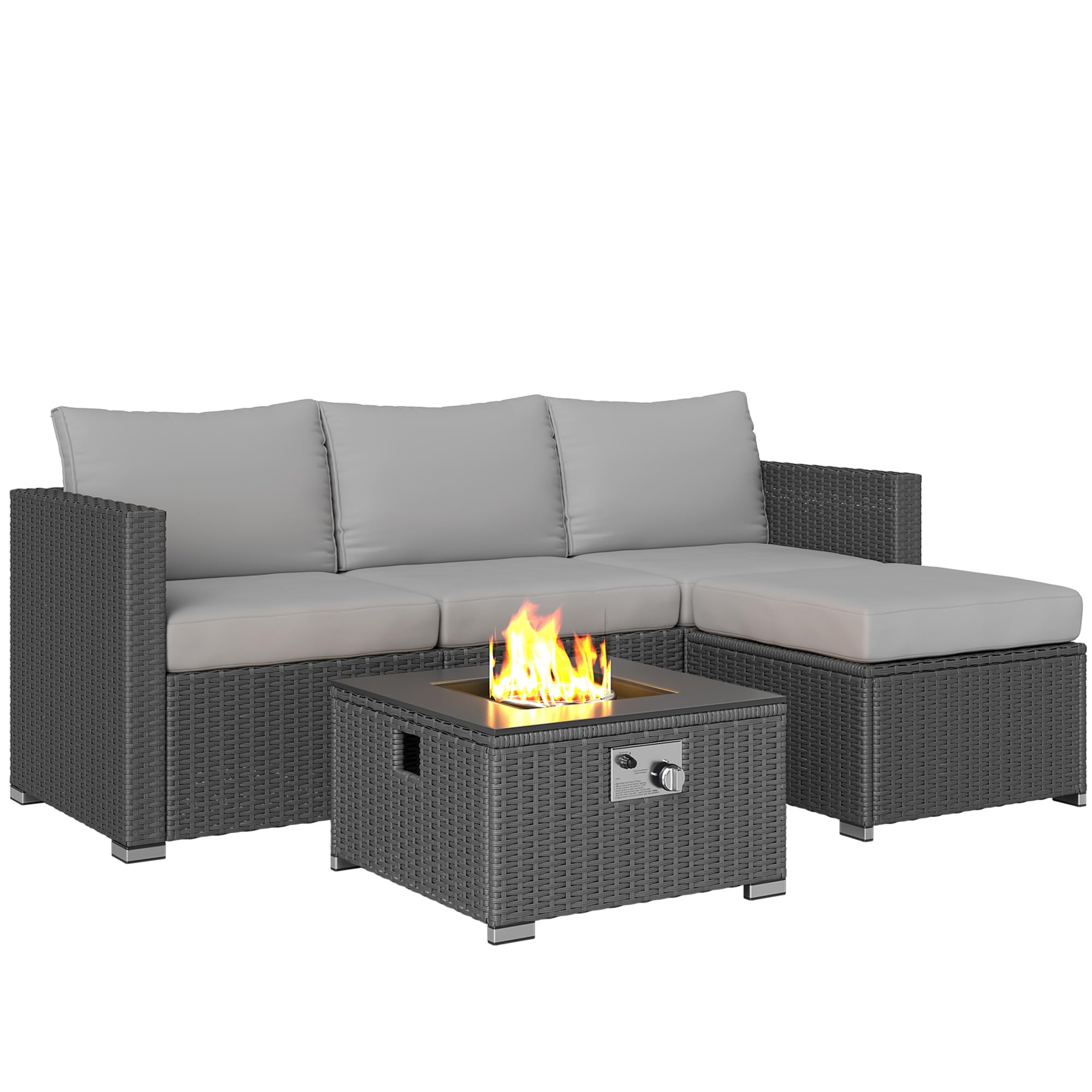 Outsunny 5 Piece Rattan Garden Furniture Set with Gas Fire Pit Table, 4 Seater Outdoor Sectional Sofa Set with Footstool and Removable Cushions, Modular Combination, Brown and Cream White