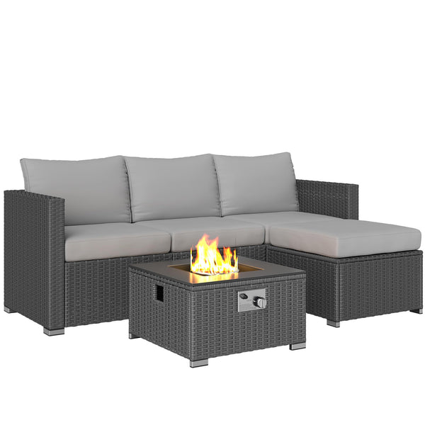 Outsunny 5 Piece Rattan Garden Furniture Set with Gas Fire Pit Table, 4 Seater Outdoor Sectional Sofa Set with Footstool and Removable Cushions, Modular Combination, Brown and Cream White