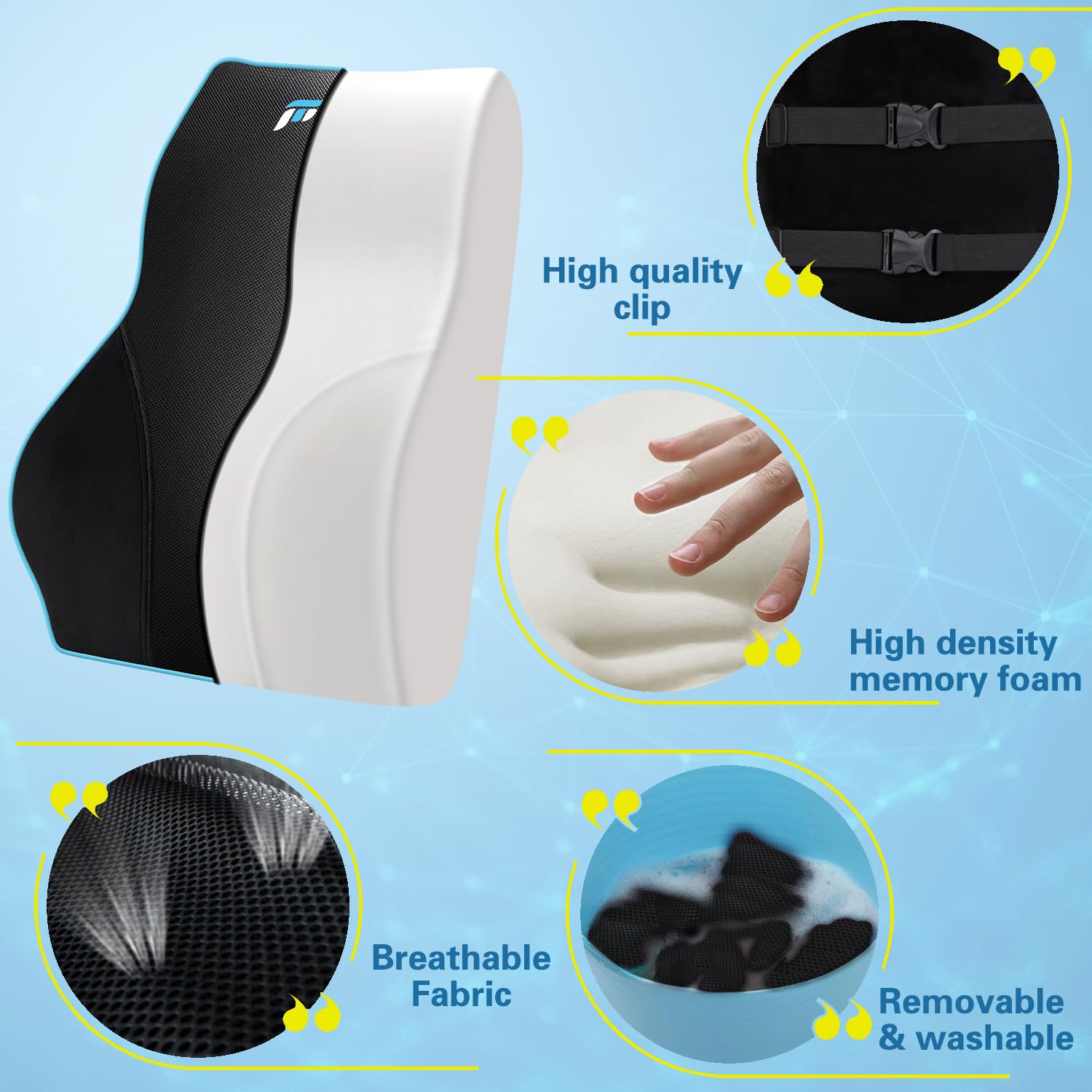 POOTACK Lumbar Support Cushion, Memory Foam Back Support Cushion Lumbar Support for Office Chair, Car Seat, Recliner, with Extension Strap and Mesh Cover