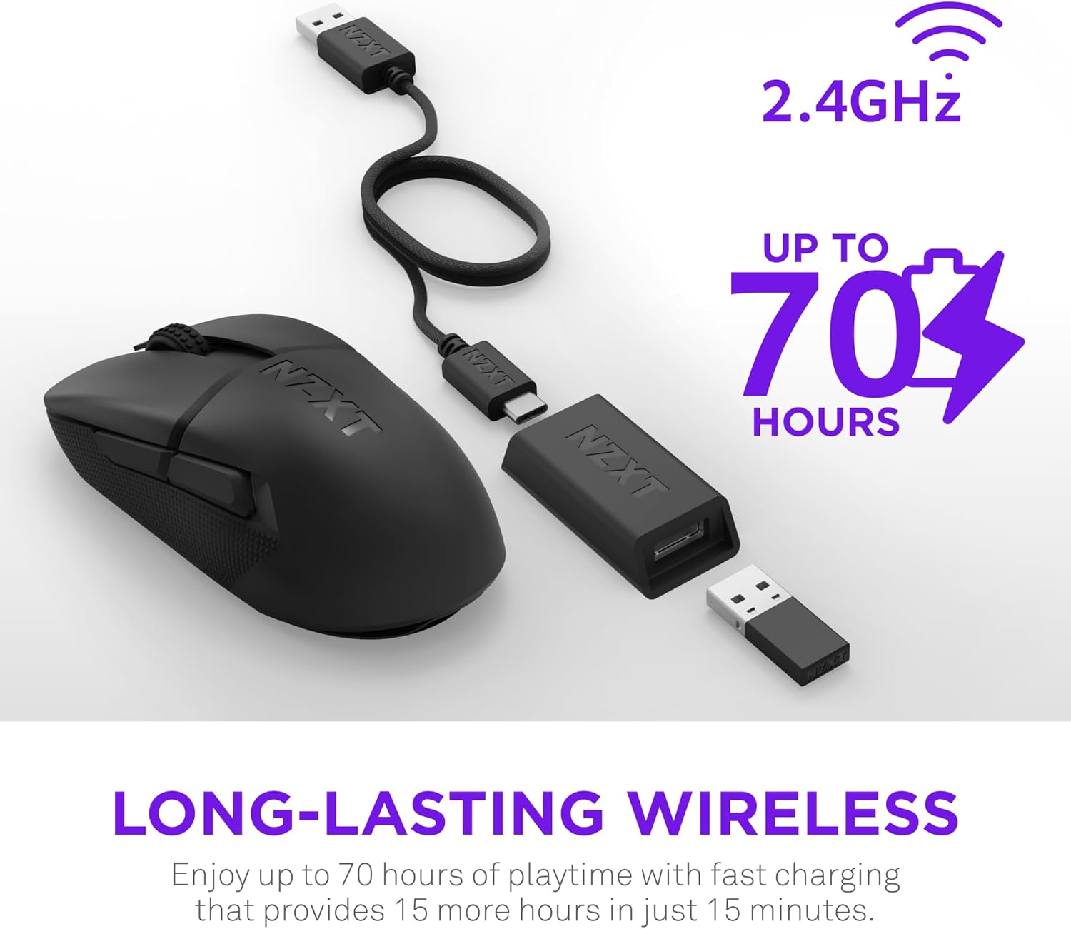 NZXT Lift Elite Wireless Gaming Mouse - Ultra-Lightweight 57 g - 4K/8K Polling Rates, Optical Switches, 26K DPI Optical Sensor - Long Battery Life - Rubber Side Grips - 5 Programmable Buttons - Black