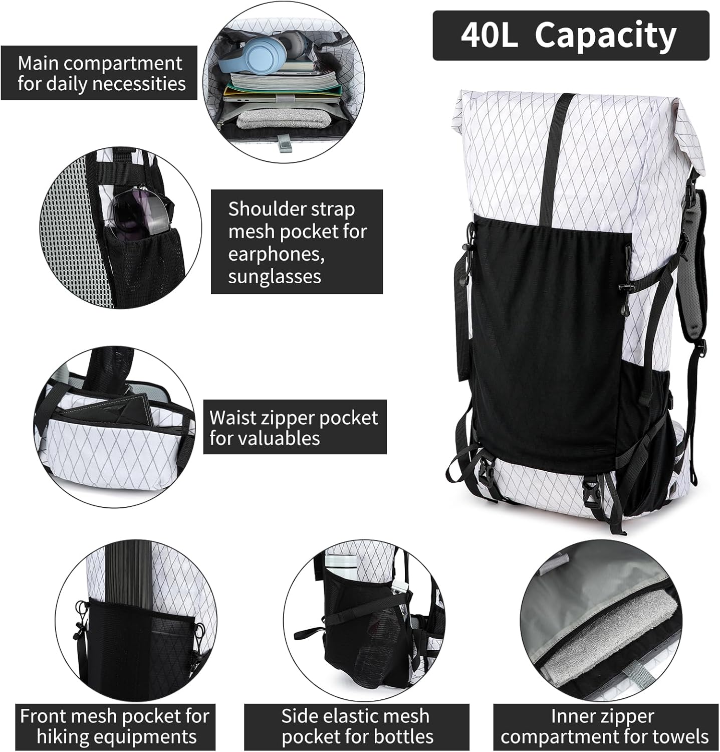 POWER KING 40L Expandable TO 50L Hiking Backpack,Upgraded X-PAC Scratch-proof Lightweight Large Rucksack for Mens Women, Outdoor Roll Top Camping Packsack, Fit for 15.6'' Laptop