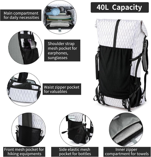 POWER KING 40L Expandable TO 50L Hiking Backpack,Upgraded X-PAC Scratch-proof Lightweight Large Rucksack for Mens Women, Outdoor Roll Top Camping Packsack, Fit for 15.6'' Laptop