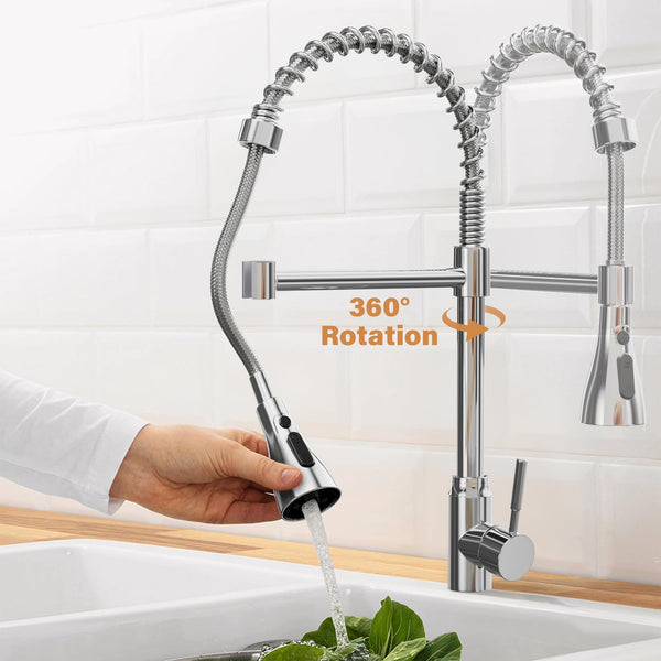 ModHm Pull-Out Kitchen Taps, Brushed Steel Single Handle High-Arc with Hot/Cold Dual Hose Kitchen Mixer Tap, Countertop 360° Swivel Dual Spray Modes Faucet, Easy Installation with Fittings Included