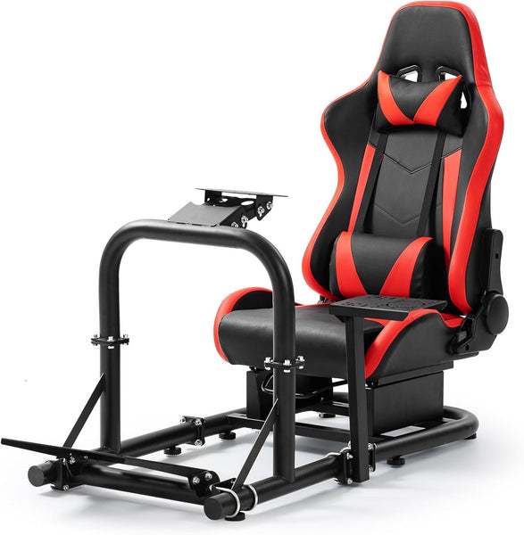 Minneer Flight Racing Simulator Cockpit with Gaming Seat(Red) for Logitech Thrustmaster Fanatec G29 G920 G923 Racing wheel, Enhanced Round Tube Steering Wheel Stand Not Included Wheel Pedal Handbrake