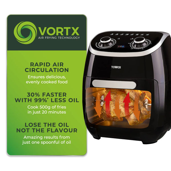 Tower T17122 Vortx Platinum Xpress Digital 30L Air Fryer Oven with Vizion Viewing Window, 18 Cooking Options, 2 Hour Timer, 1800W, Black