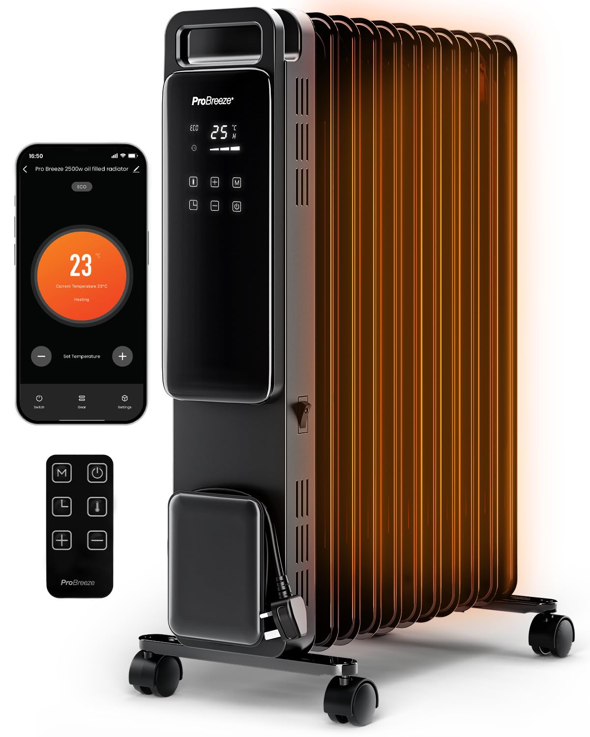 Pro Breeze Smart 2500W 11 Fin Oil Filled Radiator with Digital Display and WiFi Smart App, Thermostat, 24Hr Timer, 3 Heat Modes, Child Lock, Overheat & Tip-Over Protection Oil heater for Home - Black