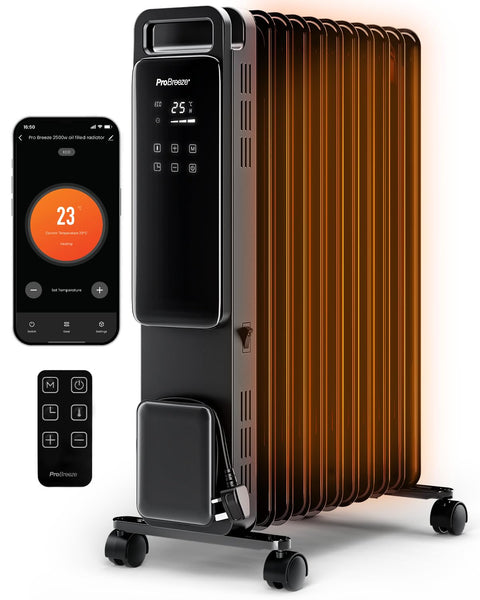 Pro Breeze Smart 2500W 11 Fin Oil Filled Radiator with Digital Display and WiFi Smart App, Thermostat, 24Hr Timer, 3 Heat Modes, Child Lock, Overheat & Tip-Over Protection Oil heater for Home - Black