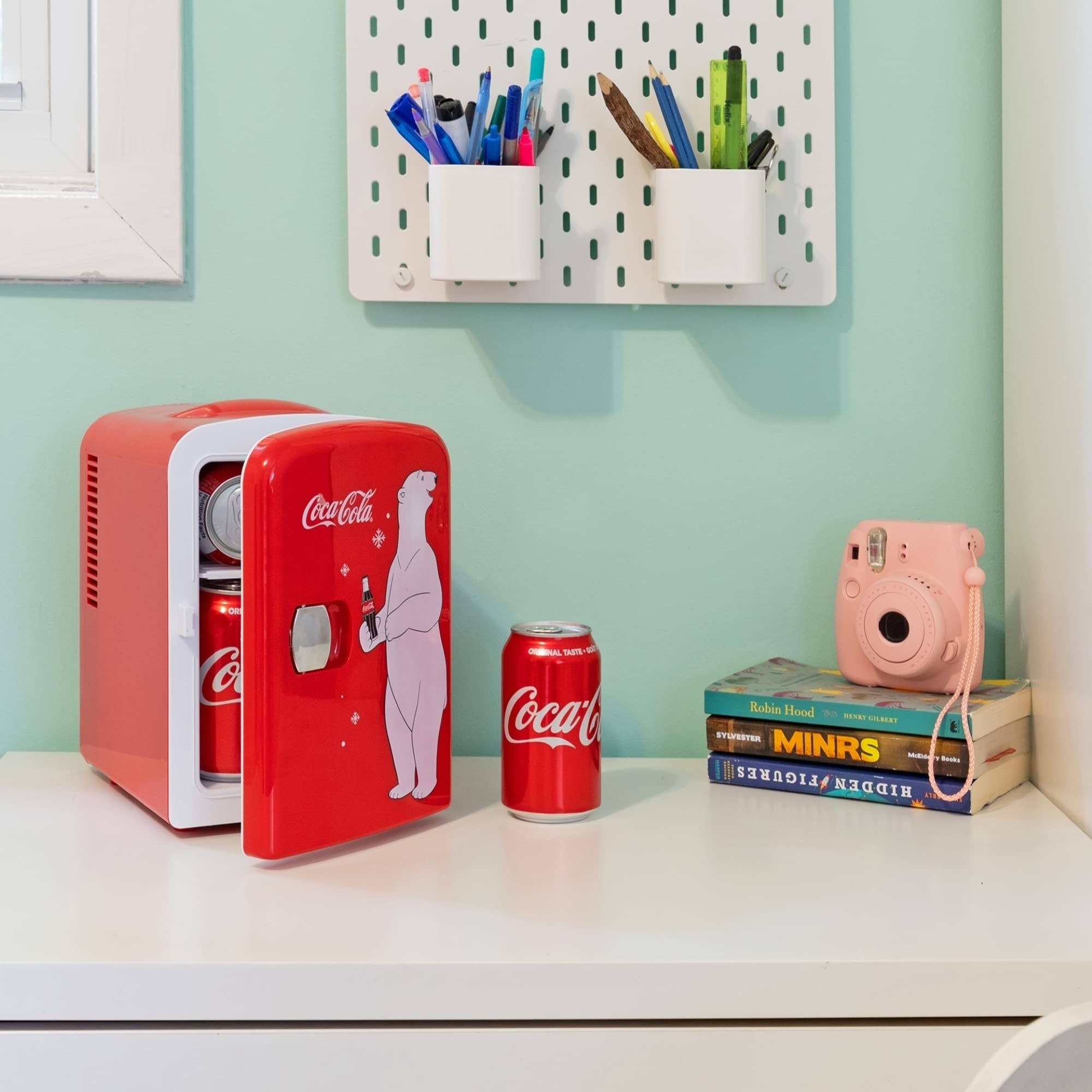 Coca Cola Polar Mini Fridge - Refrigerator for Bedroom Skincare Office, Portable Table Top Beverage Cooler, 12V DC/220V AC Refrigerador For Drinks, Soda, Wine, Use In Car, Dorm, Patio, 6 Can