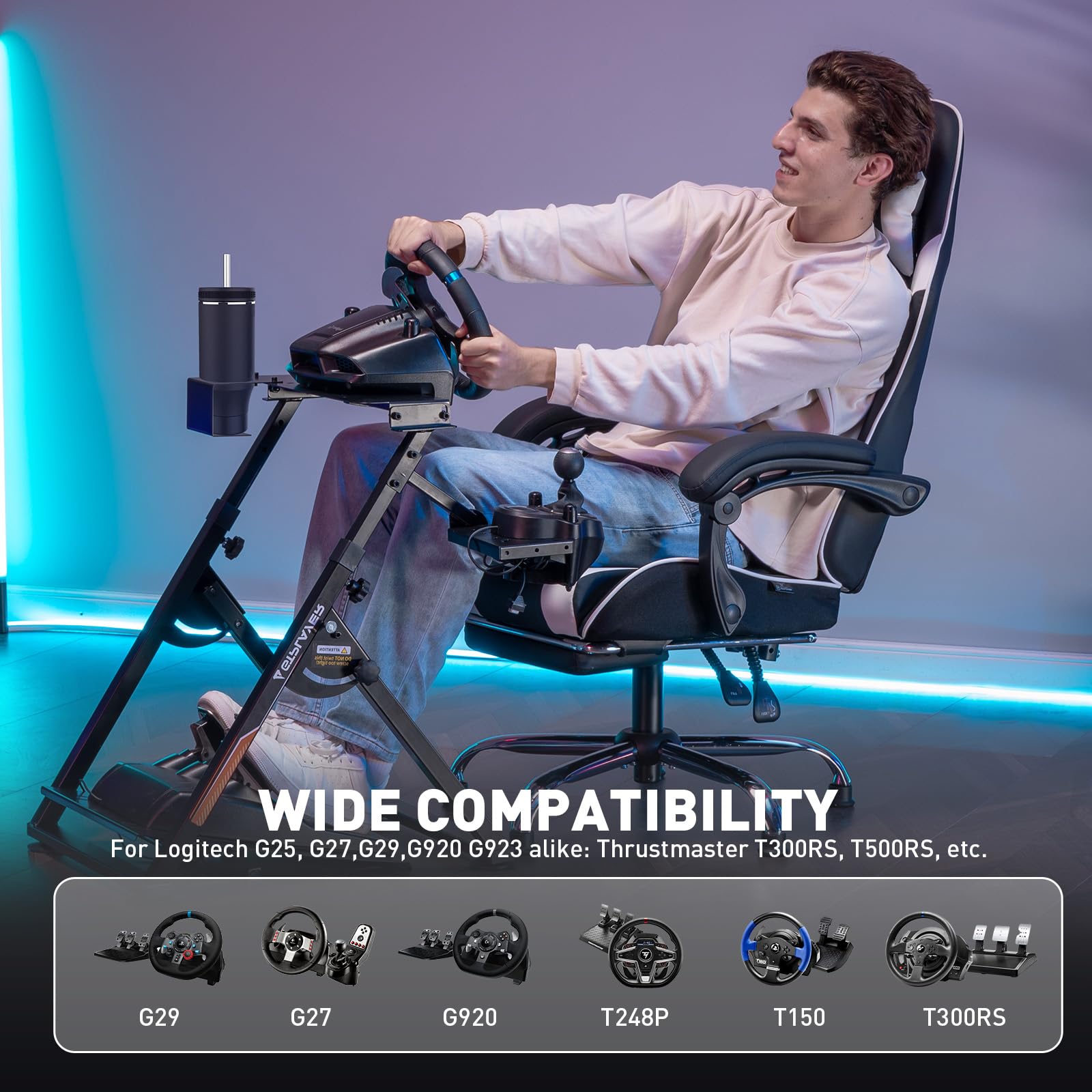 GTPLAYER Steering Wheel Stand for G25 G27 G29 G920 Foldable Racing Wheel Stand with Cup Holder Adjustable Height/Angle, Driving Simulator Gaming Wheel Stand