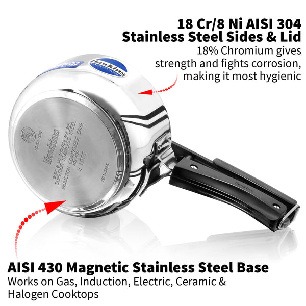 Hawkins Stainless Steel Induction Compatible Pressure Cooker, 2 Litre, Silver (HSS20)