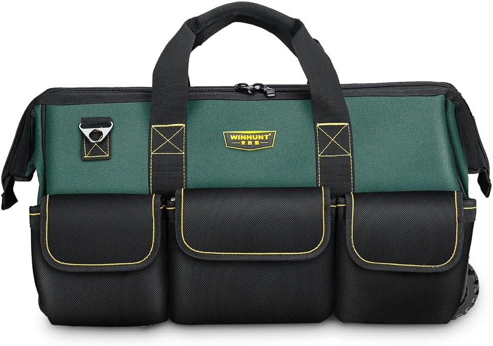 WINHUNT 22'' Rolling Tool Bag with Wheels, Adjustable Telescopic Handle Tool Bag Trolley Wide Mouth Storage Organizer, Green
