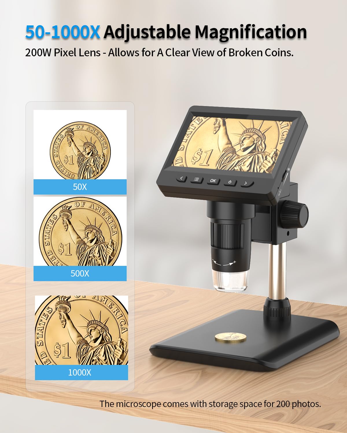 Coin Microscope-LCD Digital Microscope 500X, 1080P Coin Magnifier for Error Coins with 8 Adjustable LED Lights, PC View, Compatible with MacOS Windows-Black