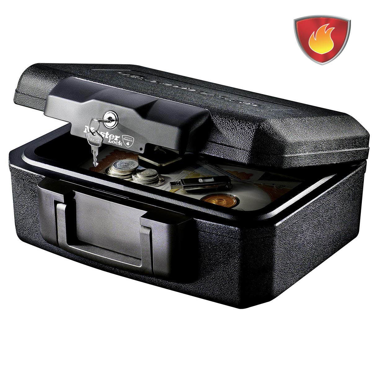 MASTER LOCK Certified Fireproof Safe Box with Key, 5L, 362 x 156 x 284 mm, Portable with carrying handle, Black, for home and professionals
