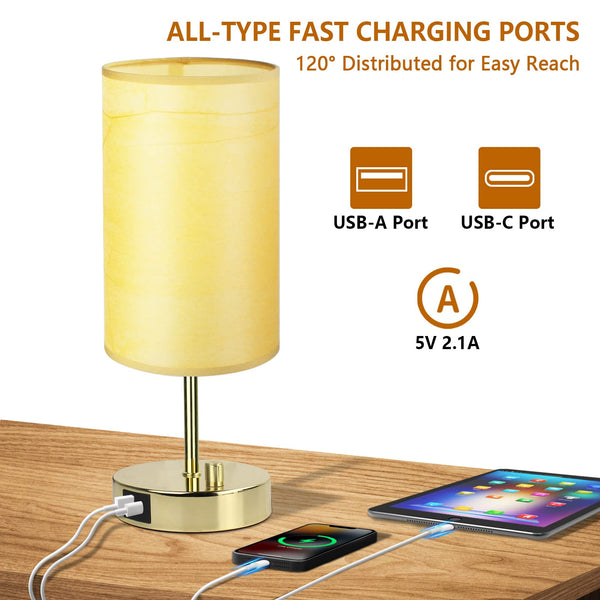 Allesgute Bedside Lamps Set of 2, Fully Dimmable Table Light with USB A + C Charging Ports, Modern Gold Desk Lamp for Bedroom Living Room Office, E27
