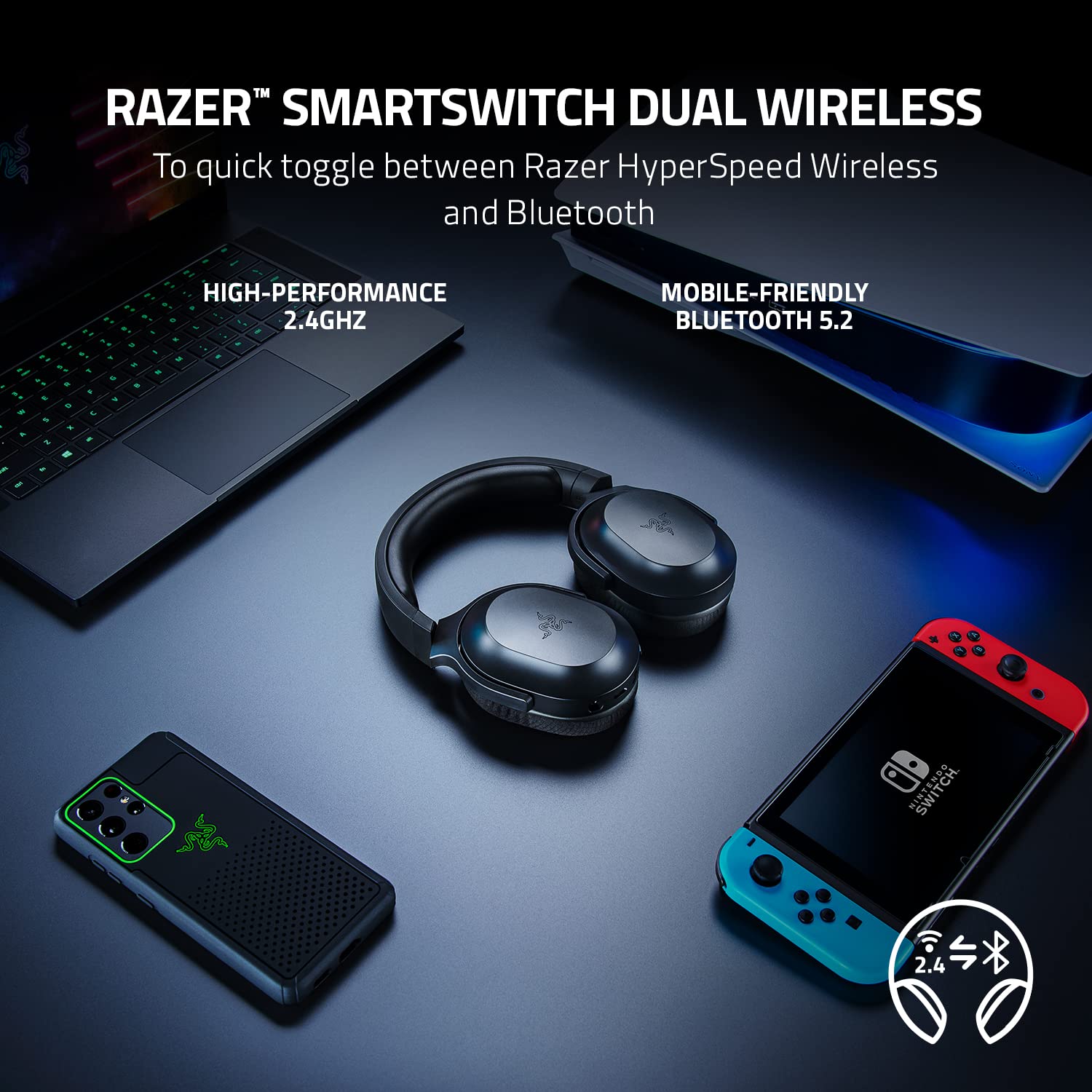 Razer Barracuda X - Wireless Multi-platform Gaming and Mobile Headset (SmartSwitch Dual Wireless, Ergonomic Design, TriForce 40 mm, Cardioid Mic, On-Headset Controls, 50h Battery USB-C) Black