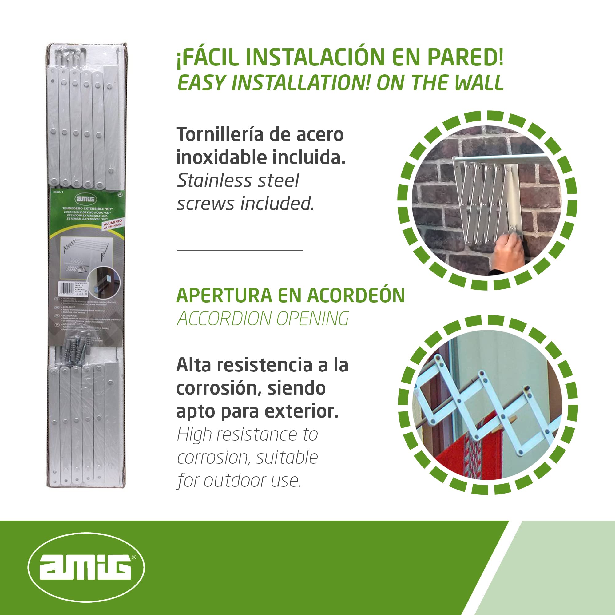 Amig - Wall Mounted Clothes Airer 150cm | Aluminium Drying Length | Extendable Clothes Line with 5 Bars | Dimensions: 150 x 14 x 3 cm | Foldable