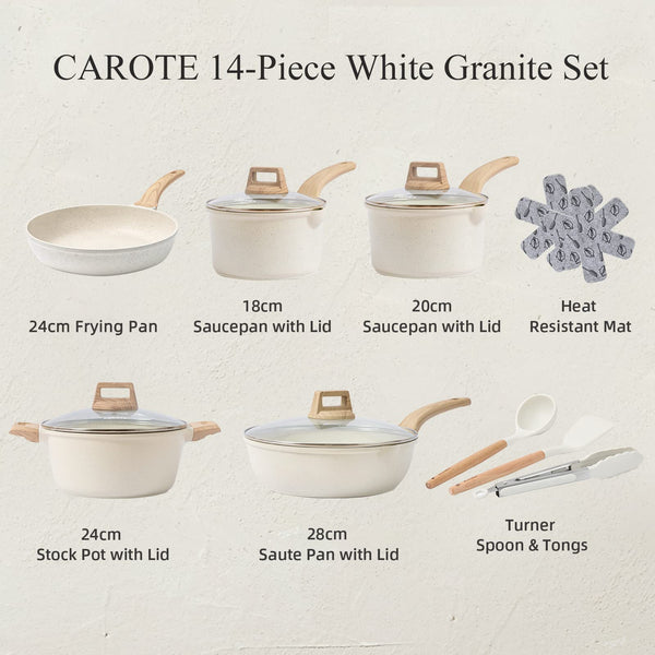 CAROTE Pots and Pans Sets Non Stick, 8 PCS White Granite Induction Hob Pan Set, Natural Non Toxic Cooking Cookware Set with Saucepan Set,Suitable for All Stoves