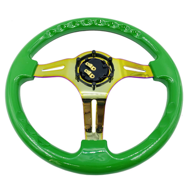 350mm Green Racing Steering Wheel Neo Chrome Spoke Universal 6 Bolts 45mm Deep Dish Classic ABS Wood Steering Wheel with Horn Button
