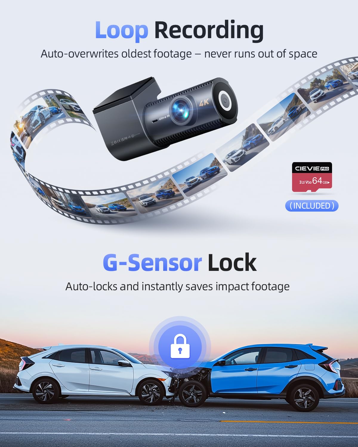 Dash Cam Front and Rear, 4K Dashcam with 64GB SD Card, 1.5'' IPS Display Dual Car Camera with 5GHz Wi-Fi, 24/7 Parking Mode, G-Sensor, Night Vision, 170° Wide Angle, Loop Recording, App Control