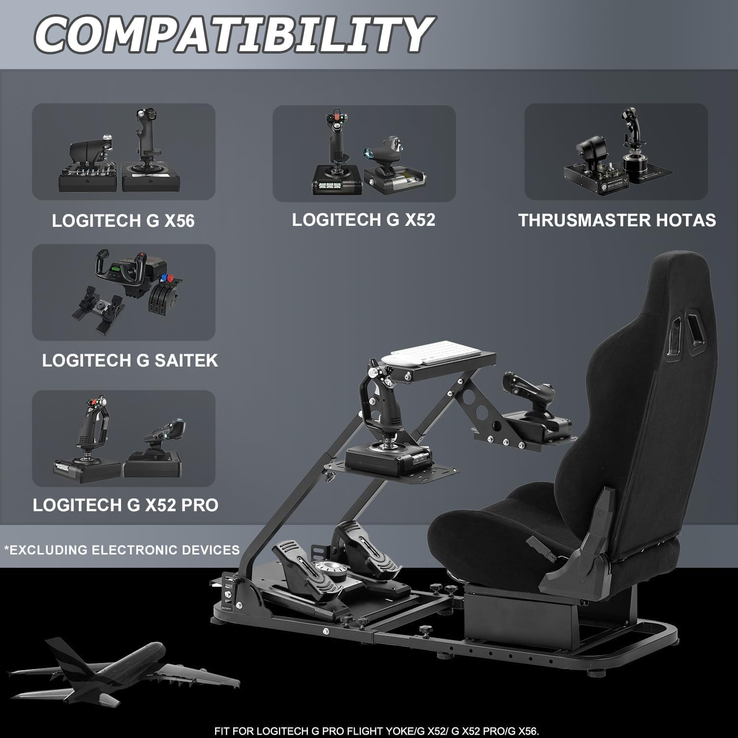 Minneer Flight Racing Simulator Cockpit with Black Seat,Fit for Logitech Thrustmaster joysticks or Yoke G920 G923 T80 T150,Sim Game Stand With 2 Shift Rod Fittings Not Include Wheel Pedal