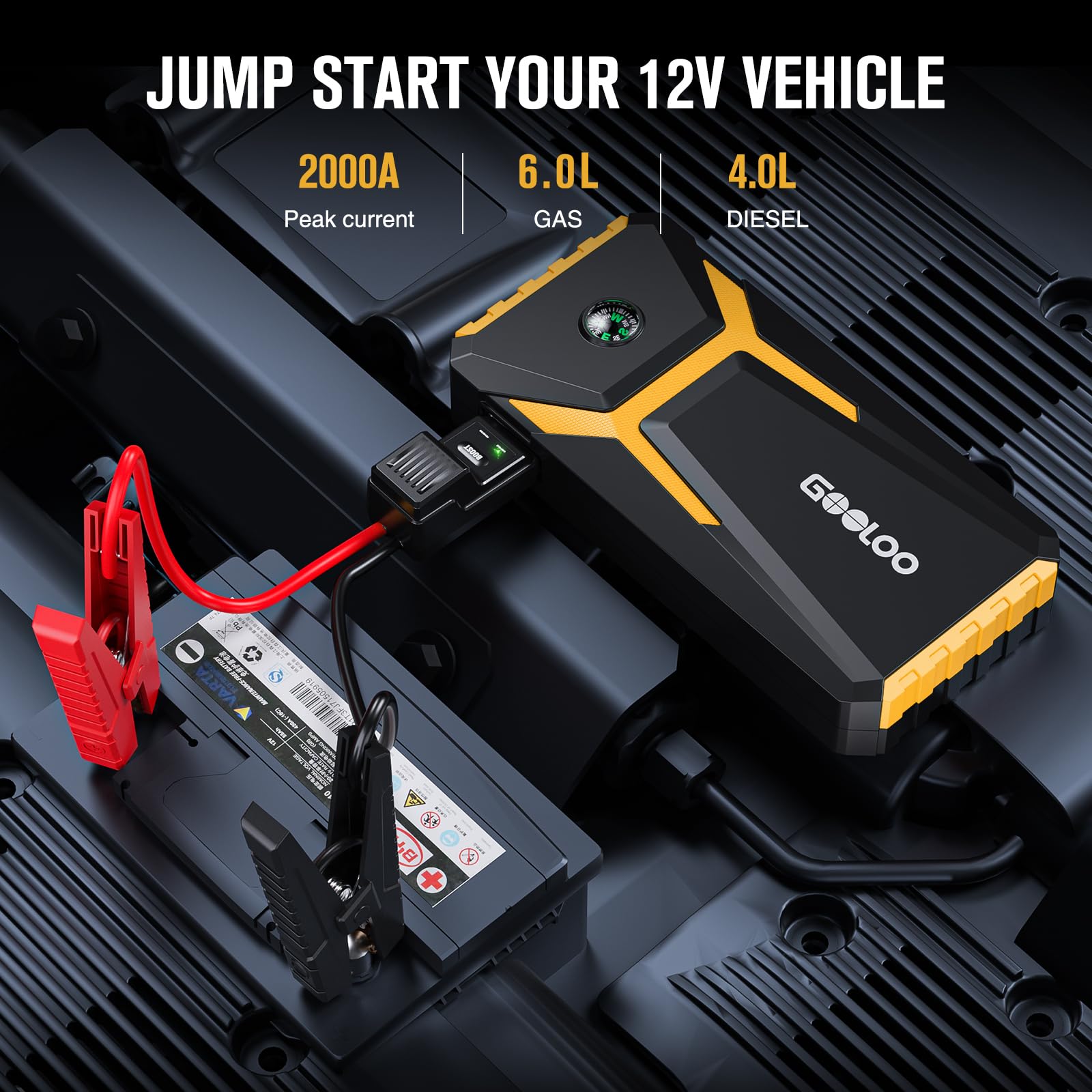 GOOLOO New GP2000 Jump Starter 2000A Car Starter Battery Pack (Up to 8.0L Gas, 6.0L Diesel Engine),12V Car Battery Charger Jumper Starter, Portable Lithium Jump Box with USB Quick Charge