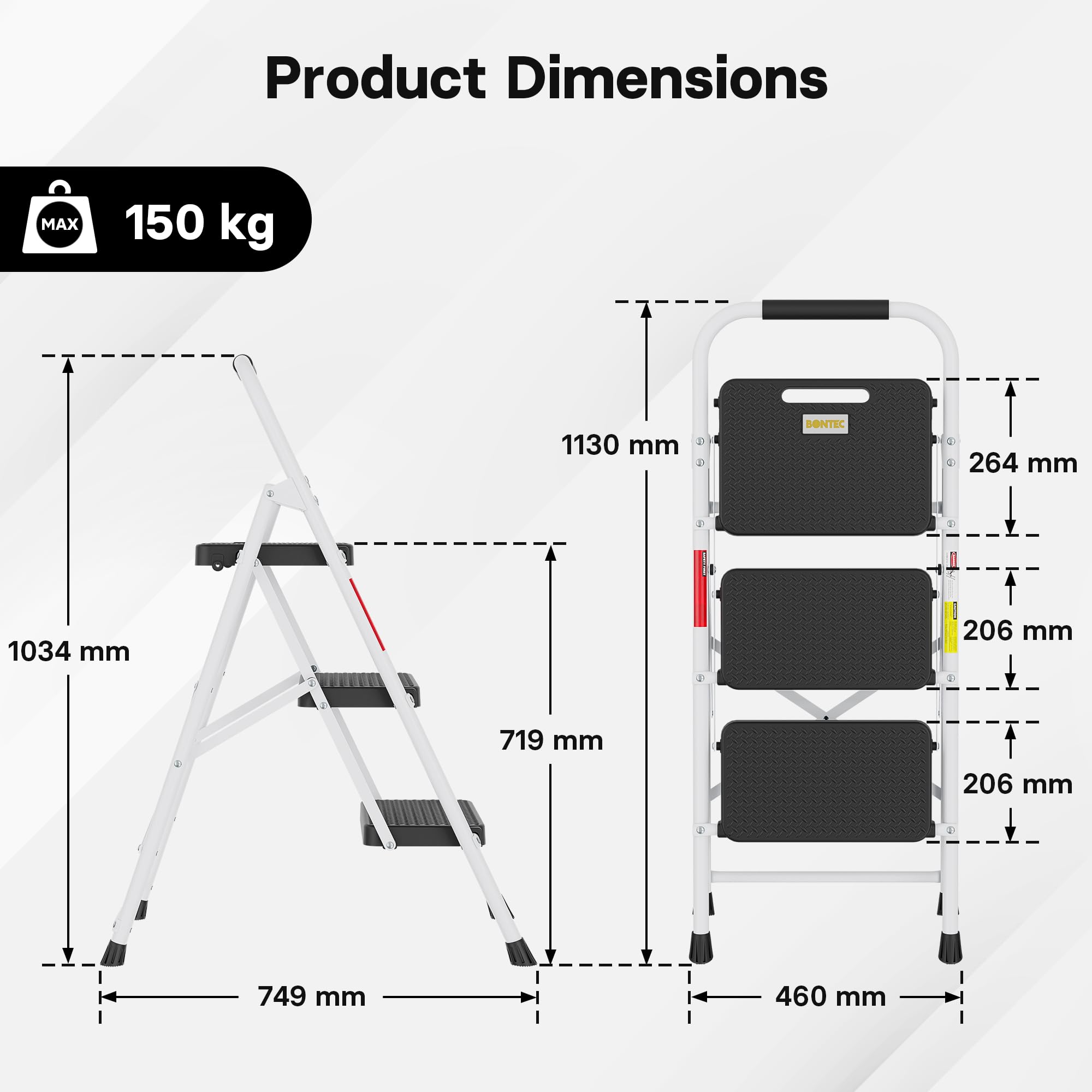 BONTEC 2 Step Ladder, Capacity 150KG with Wide Anti-Slip Pedals, Folding Steel Step Stool, Sponge Handlebar, Lightweight Portable Ladder Suitable for Home, Kitchen, Pantry, Indoor/Outdoor Use, Black