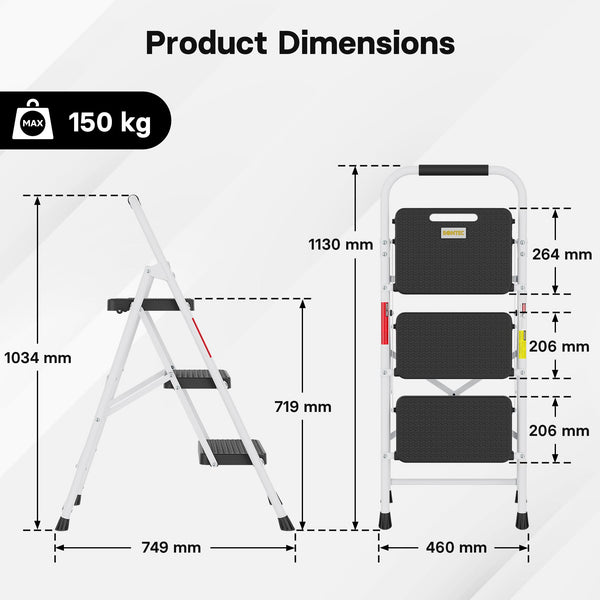 BONTEC 4 Step Ladder Folding, Heavy Duty Foldable Step Stool with Wide Anti-Slip Pedals, Sponge Handrail and Tool Tray, Portable Household Ladder 150kg Capacity, Compact Collapsible Indoor Ladder