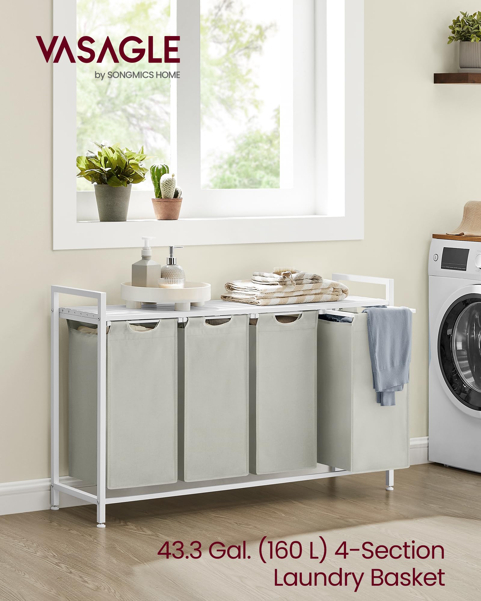 VASAGLE Laundry Basket, Laundry Hamper, Pull-Out and Removable Liner Bag, Shelf, Metal Frame, 65 L, 50 x 33 x 72 cm, Ink Black and Rustic Brown BLH101B01